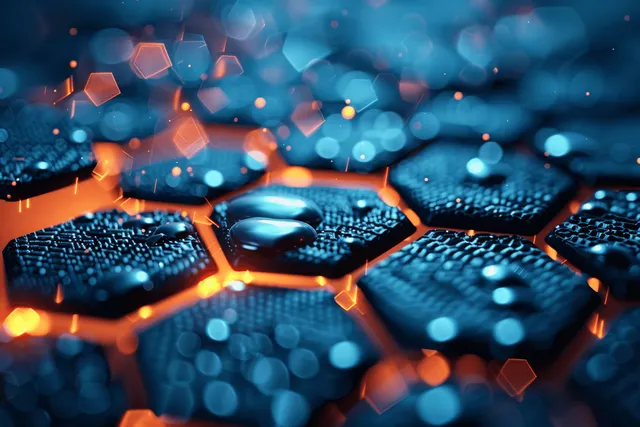 Glowing orange and blue hexagonal carbon lattice patterns float over a dark blue scientific background.