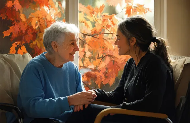 A caregiver in dark clothing holds hands with an elderly man seated indoors during a home visit.