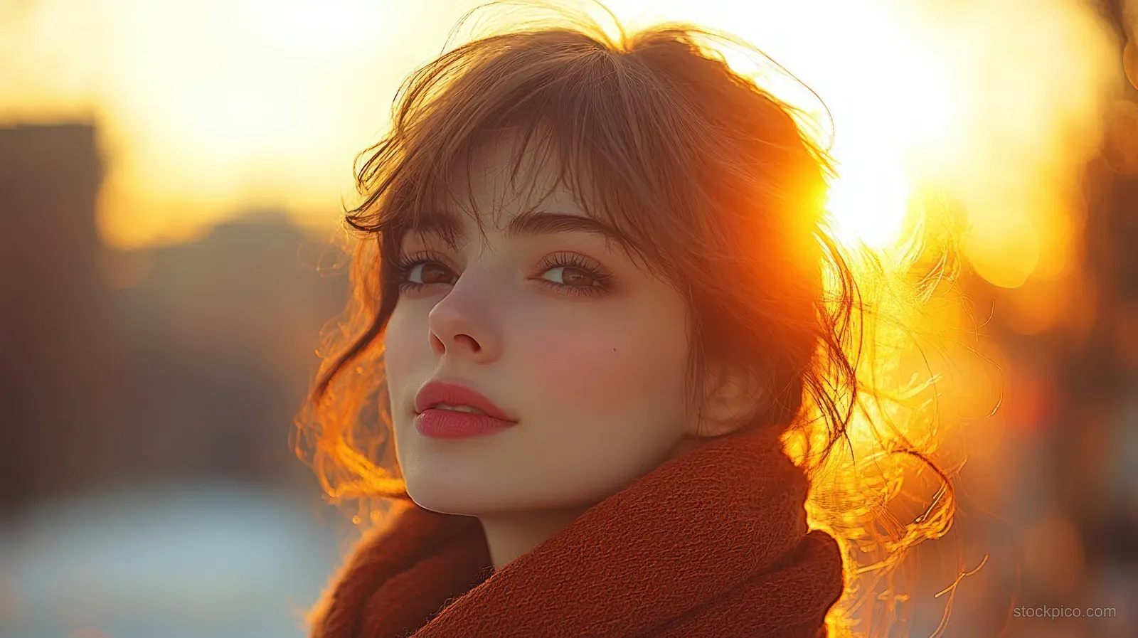 Young woman in uniform looking into the distance during golden hour with warm sunlight and blurred city lights behind her.