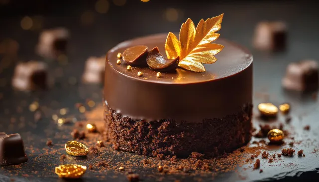 Round chocolate ganache dessert topped with gold leaf and chocolate pieces rests on scattered crumbs and gold accents.
