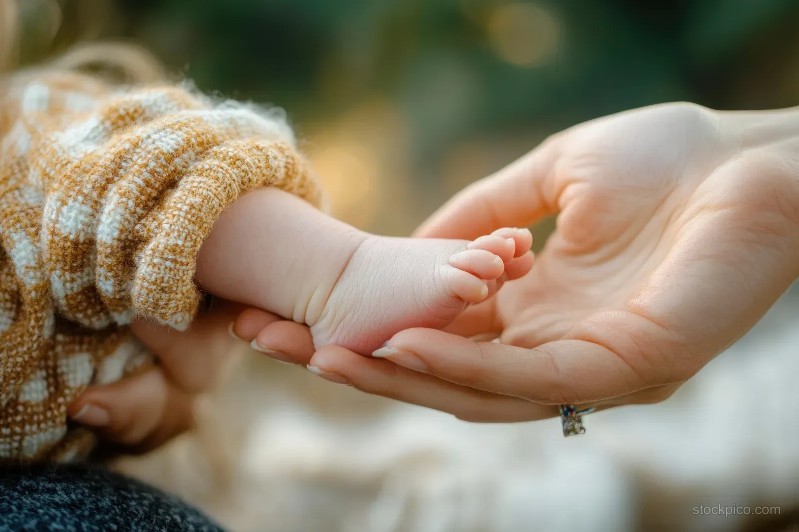 An adult hand gently supports a baby’s tiny foot while the baby wears a patterned sweater.