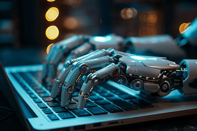 Cybersecurity AI: robotic hands typing on laptop keyboard with glowing chrome metal fingers