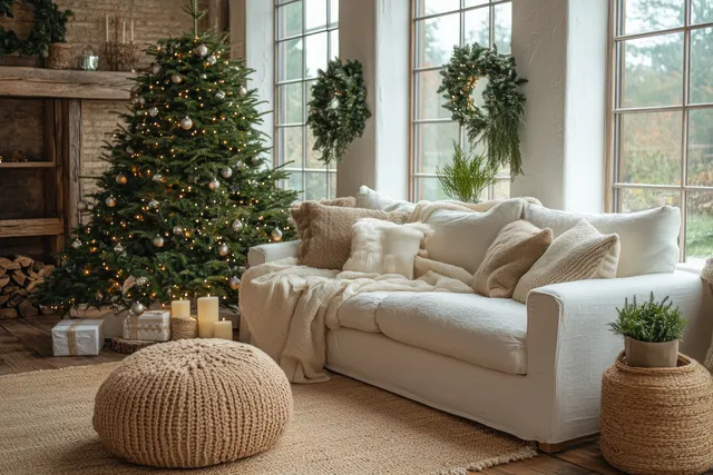 Lit Christmas tree stands beside a white sofa with textured cushions and candles in a bright Scandinavian living room.