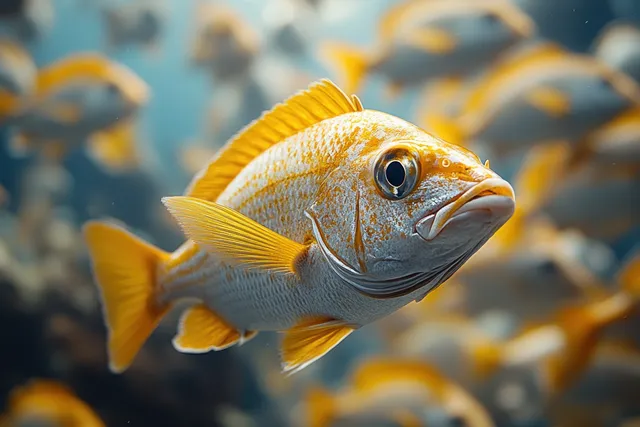 Barramundi fish swimming through blue water with a blurred school behind