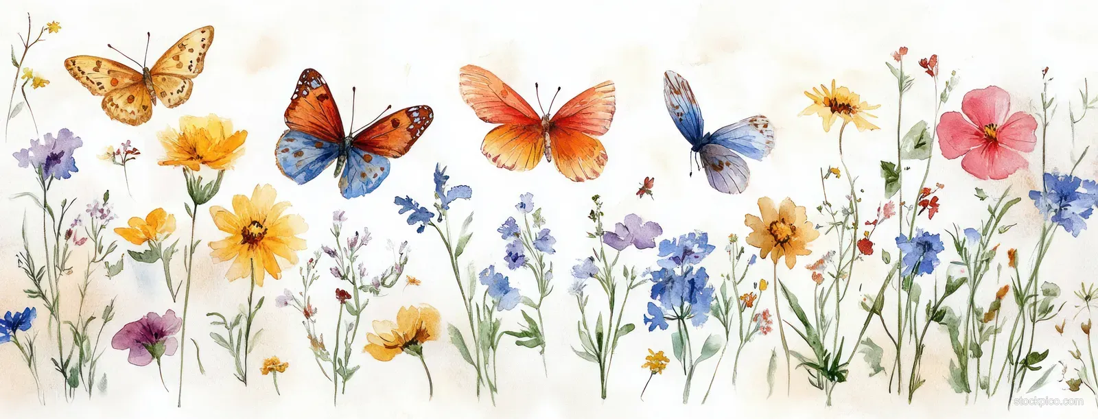 Watercolor wildflower stems with multiple butterflies and small insects across a white garden border.