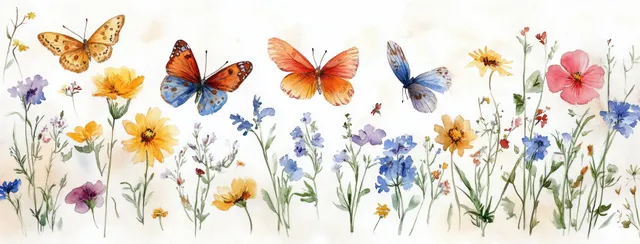 Watercolor wildflower stems with multiple butterflies and small insects across a white garden border.