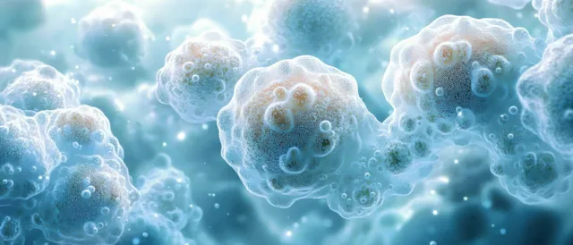 Glowing white blood cells cluster and move in a blue-green microscopic clinical background with translucent details.
