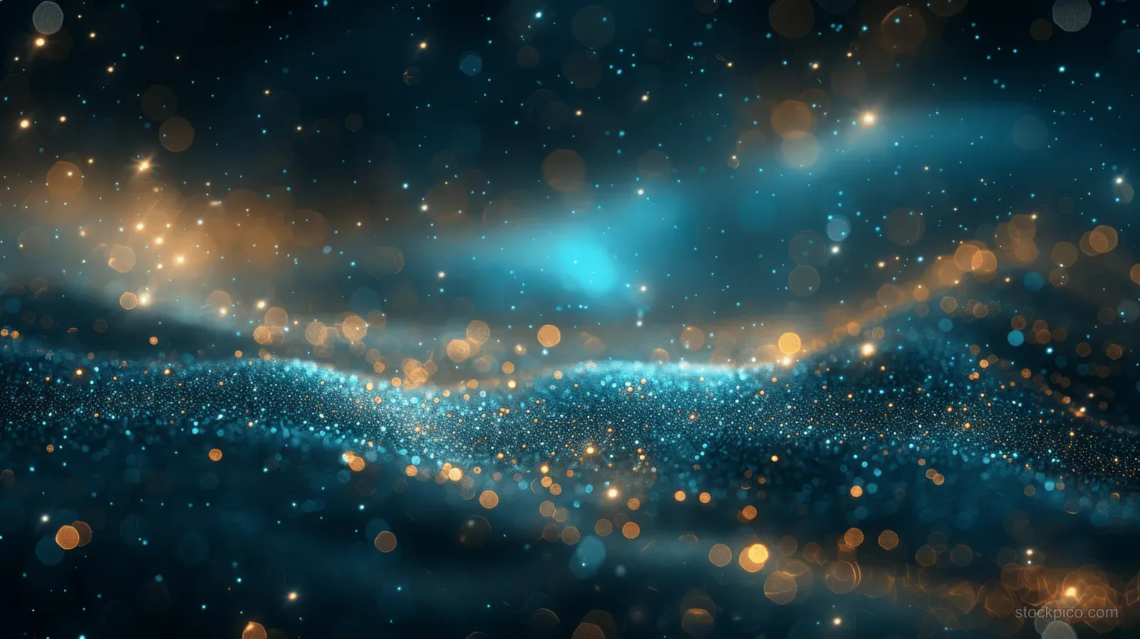 Glittering particles and warm bokeh lights drift across a dark blue and green night sky background.