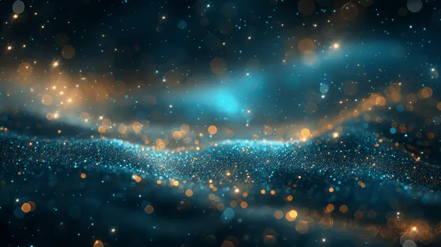 Glittering night sky particles in dark blue and green with warm bokeh glow
