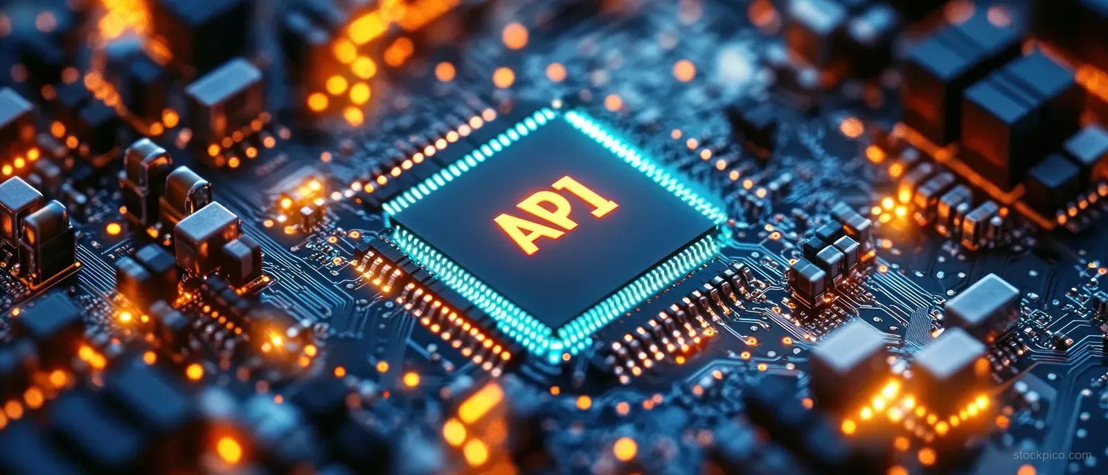 An API microchip close-up on a neon cyberpunk circuit board with glowing solder and orange circuit lighting.
