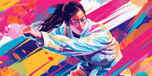 A judo athlete is captured mid-throw surrounded by swirling Japanese-inspired colorful action graphics.