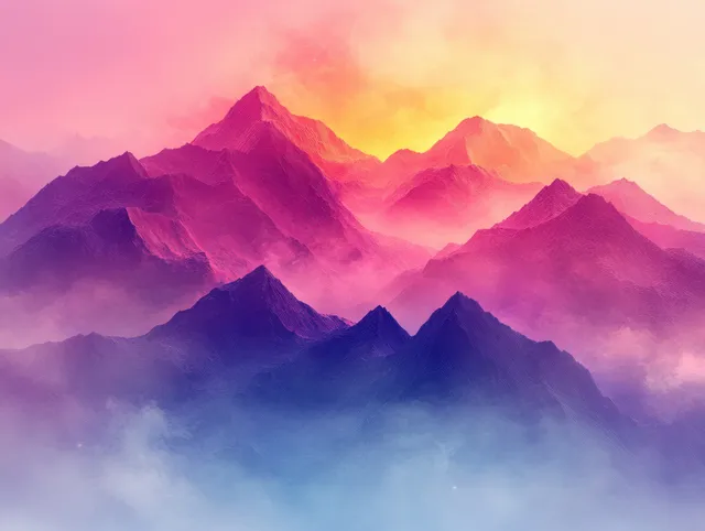 Polygon mountain landscape with glowing gradient light and soft science-tech haze
