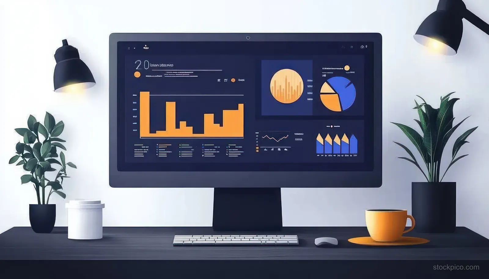 A desktop monitor shows a finance dashboard with charts, KPIs, and real-time metrics beside office supplies.