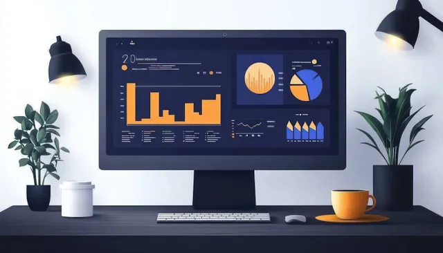 A desktop monitor shows a finance dashboard with charts, KPIs, and real-time metrics beside office supplies.