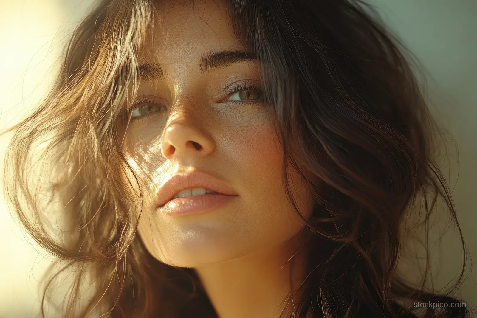 Young woman soft portrait with flowing hair, warm sunlight, and a relaxed smile.