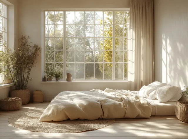 Sunlit Scandinavian bedroom with blank poster frame above rumpled white bed and sheer curtains
