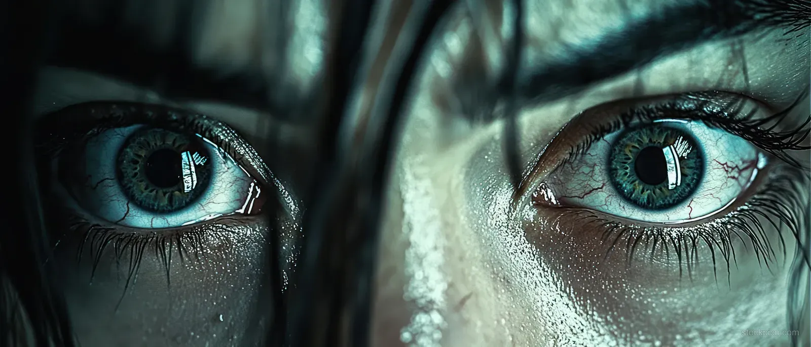 Close-up of blue eyes with wet skin droplets and dark hair strands framing an intense gaze.