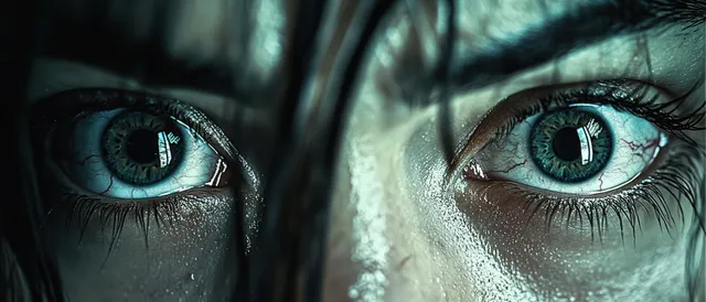 Close-up of blue eyes with wet skin droplets and dark hair strands framing an intense gaze.