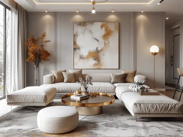 Beige sectional living room arranged around a round golden coffee table beneath an abstract wall artwork.