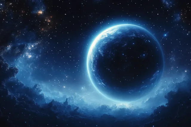 A glowing blue planet floats in deep space amid stars and swirling cosmic clouds.