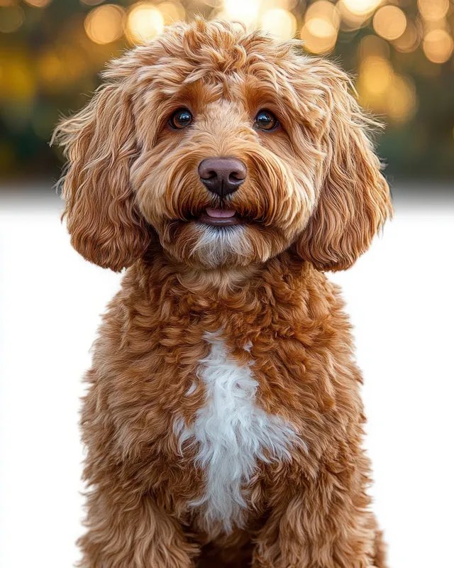 Fluffy brown curly dog with white chest sitting in warm golden bokeh light