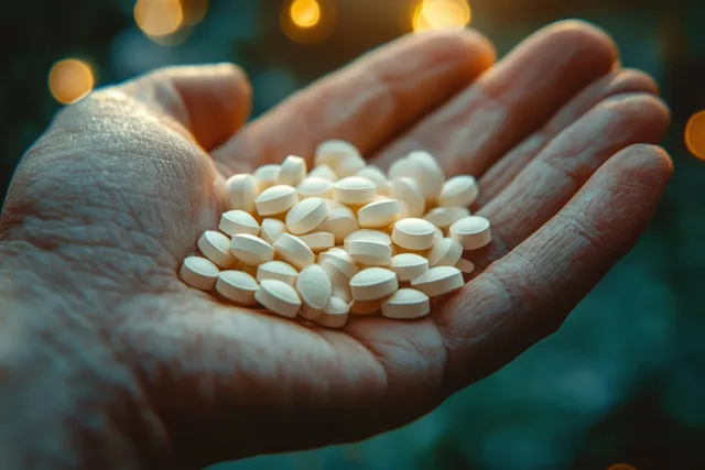 Adult hand holding many small white round tablets as warm bokeh lights blur behind.