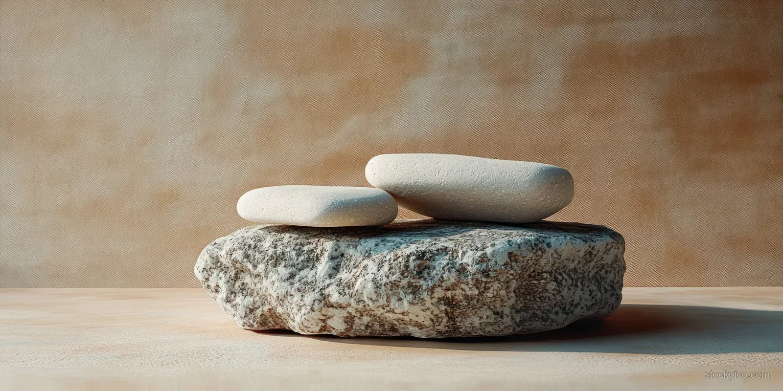 Two smooth stones balanced on a textured rock with soft shadows against a warm earth-toned backdrop.