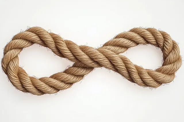 Thick twisted natural fiber rope forms an infinity loop on a white background.
