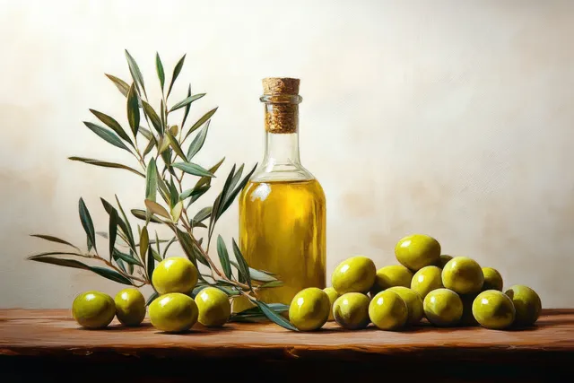 Still life of green olives and olive branch with a bottle of golden olive oil