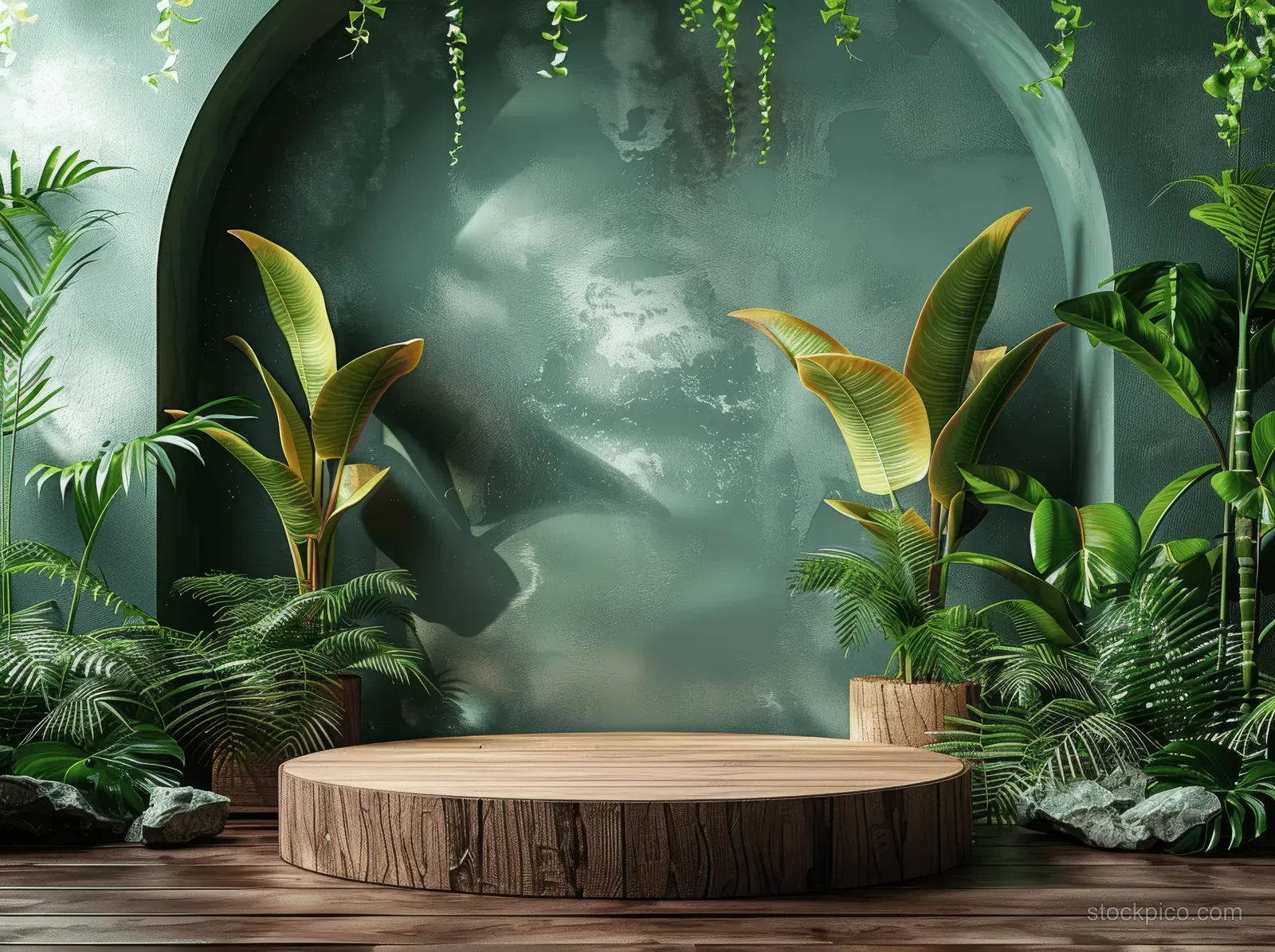 Wooden podium on a floor with tropical plants framing a misty green arched backdrop.