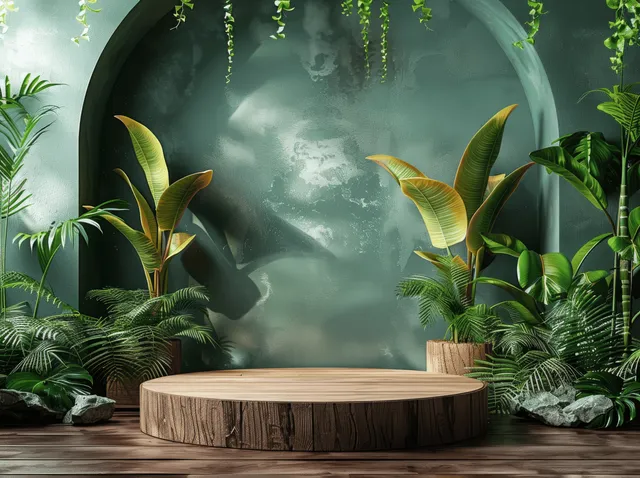 Wooden podium on a floor with tropical plants framing a misty green arched backdrop.
