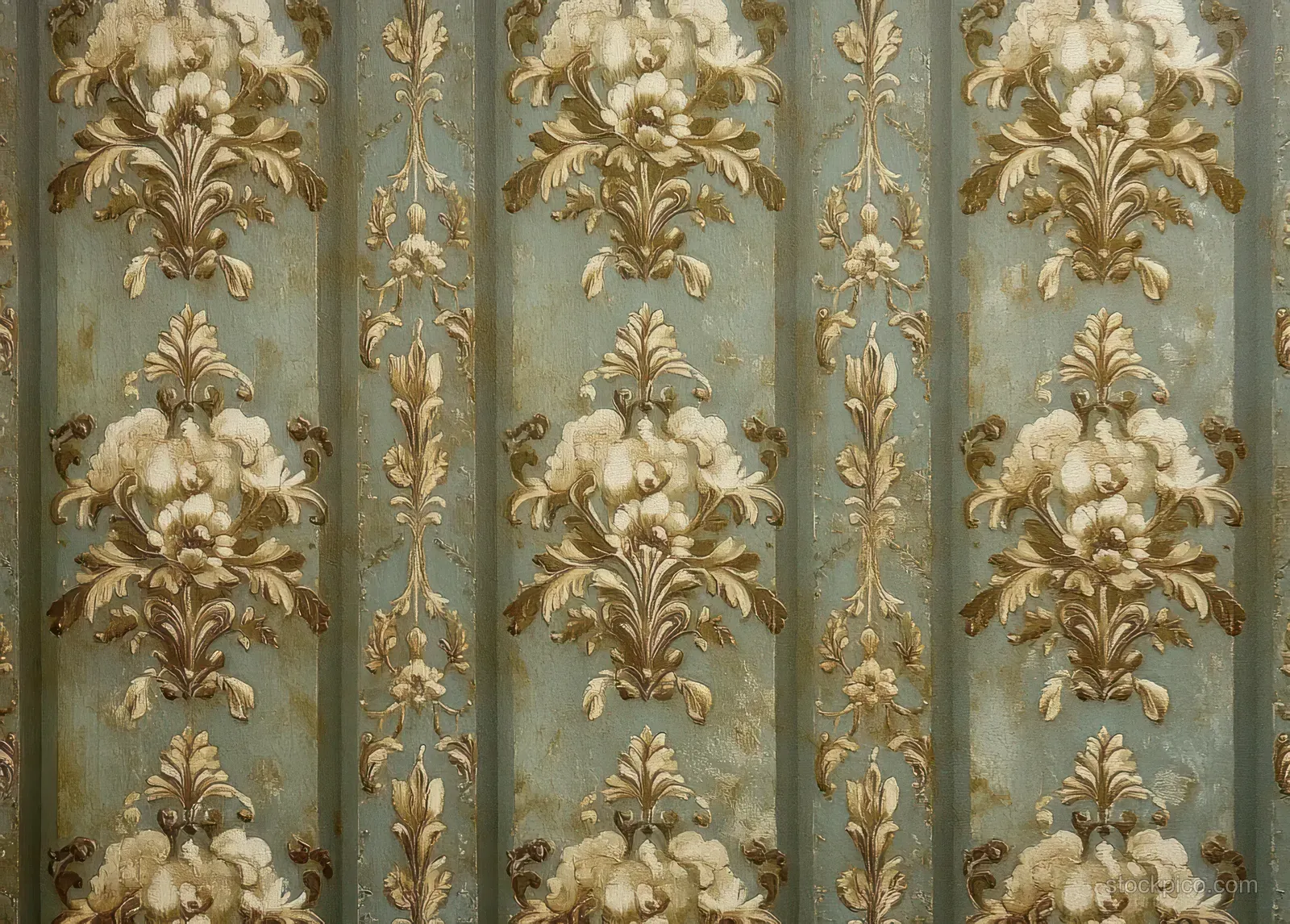 Ornate beige damask floral wallpaper blooms and leaves repeat across muted blue vertical panels.