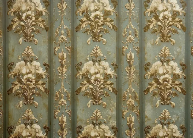 Ornate beige damask floral wallpaper blooms and leaves repeat across muted blue vertical panels.