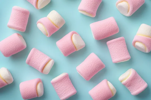 Pink and white marshmallows scattered on a light blue surface with visible fluffy, chewy texture.