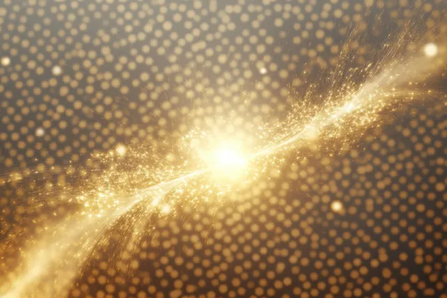Golden flare radiates outward with sparkling particle waves over a dark background.