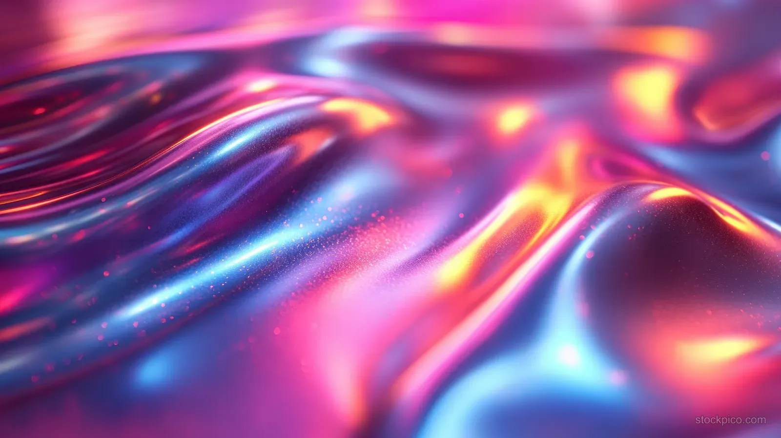 Neon colored 3D ribbon reflections curve and glow across a dark abstract gradient background.
