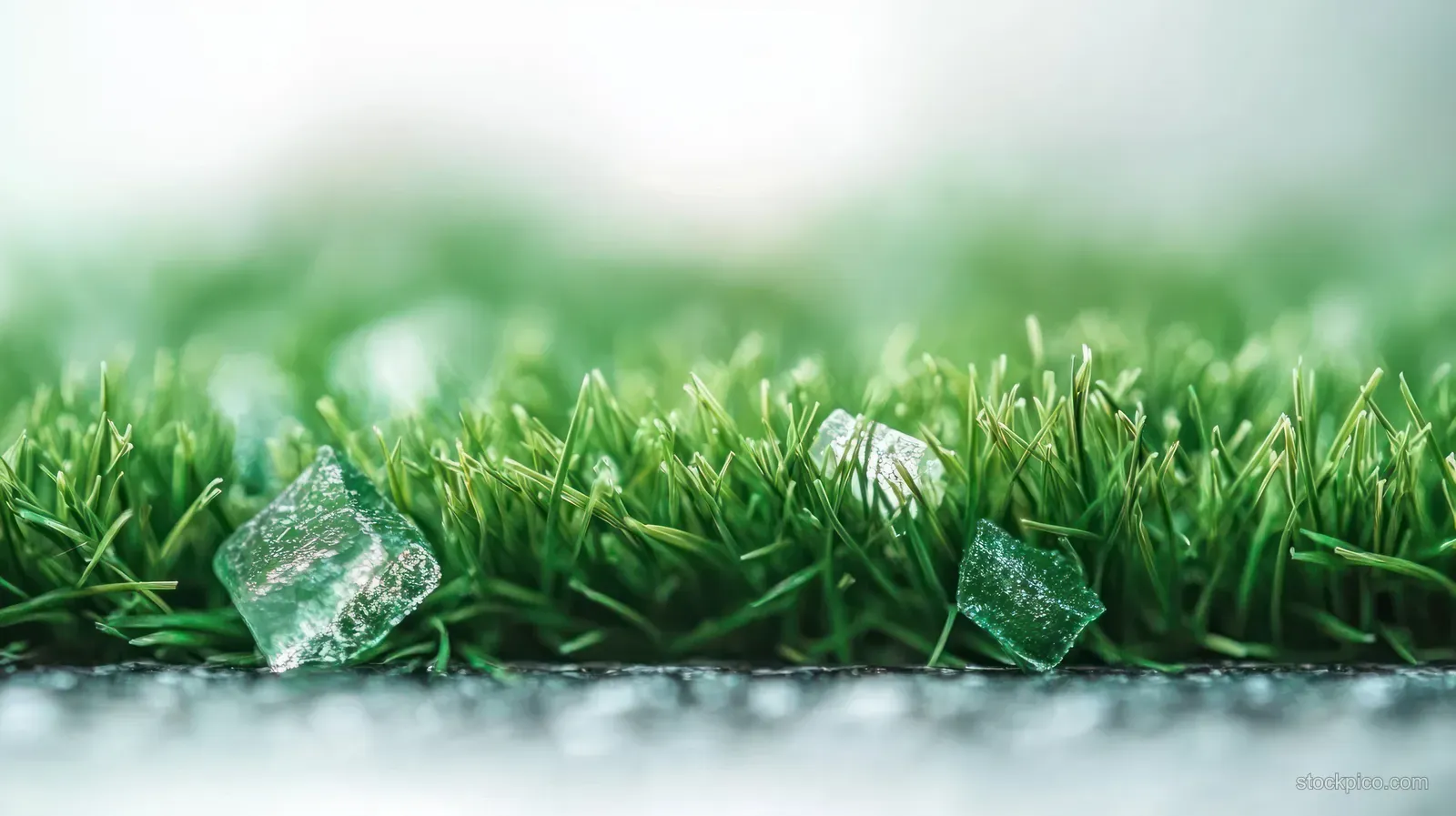 Green grass blades with small clear ice shards scattered on a frosty outdoor surface.
