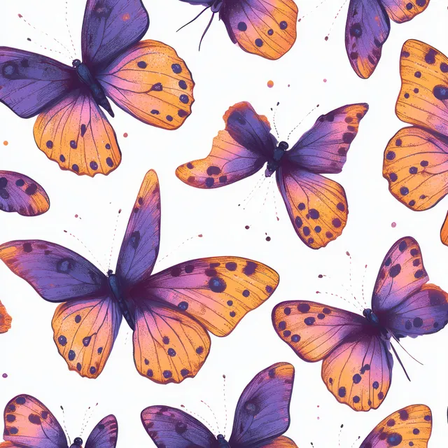Seamless pattern of orange and purple butterflies with black spots scattered on a white background.