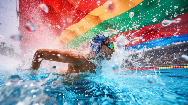 A female breaststroke swimmer splashes through blue pool water with bright red and green flag colors behind her.