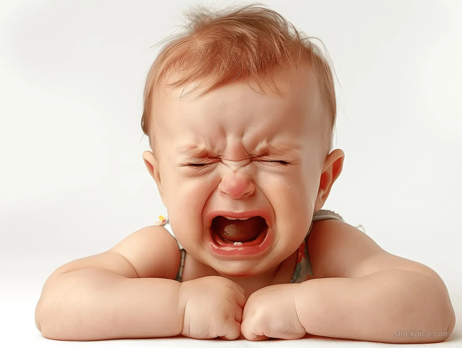 Crying baby boy close-up with an open mouth and tears against a plain white background.