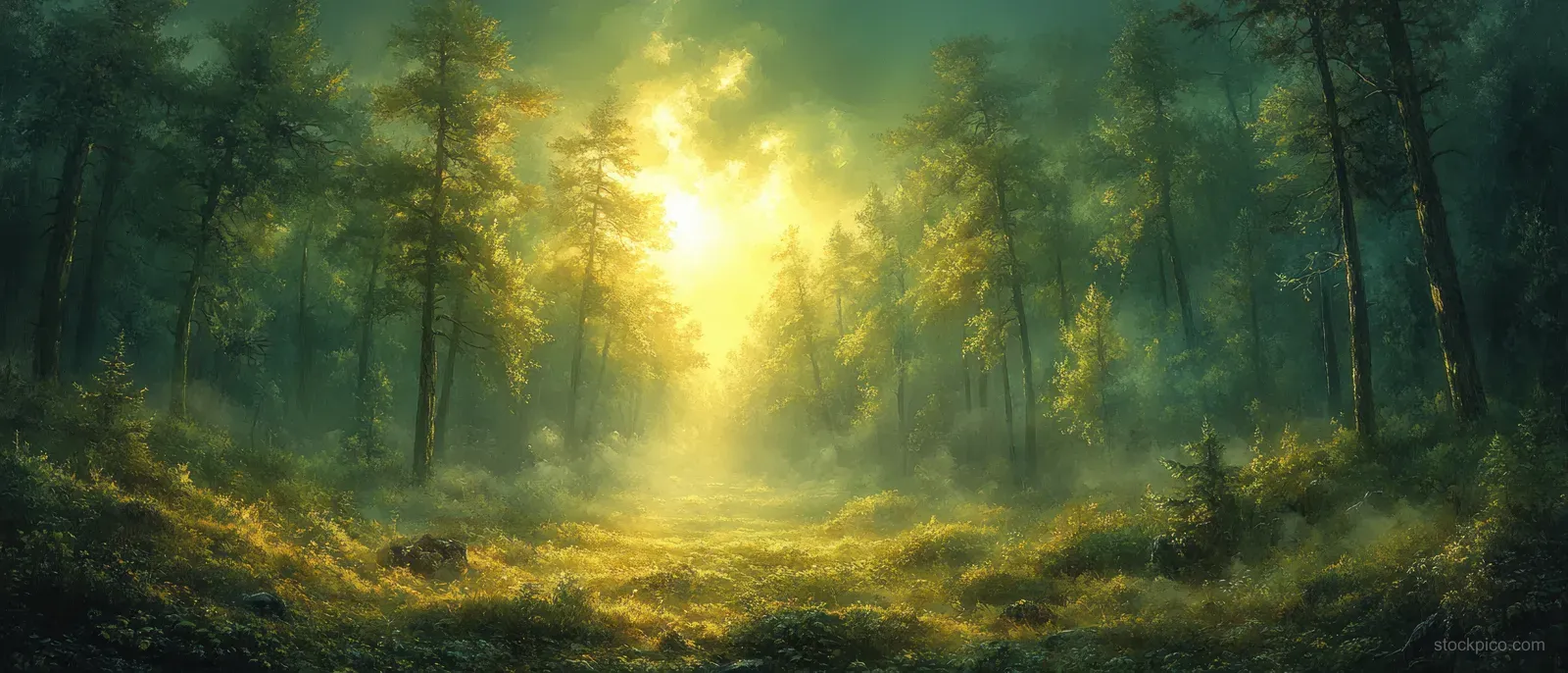 Green mist fills a forest as warm sunrise light beams stream between tall trees.