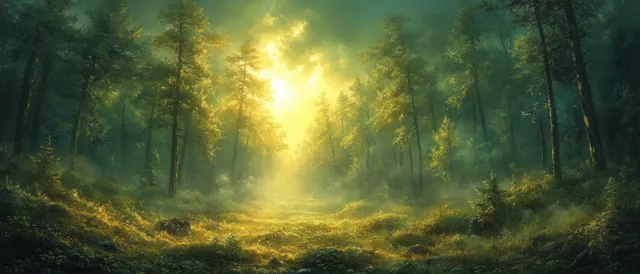 Misty green forest with glowing sunrise light beams through tall trees