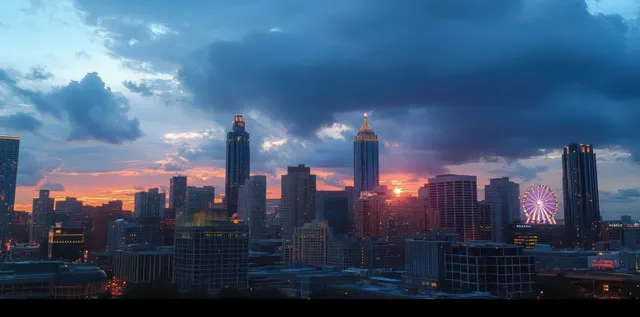 City skyline at sunset with tall buildings and a Ferris wheel glowing beneath dramatic cloudy skies.