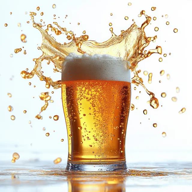 A golden beer glass with foam erupts in a splash on a reflective surface with bubbles in the air.