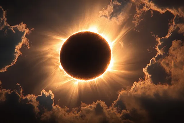 Total solar eclipse with a glowing corona halo and radiating rays surrounded by dark clouds.