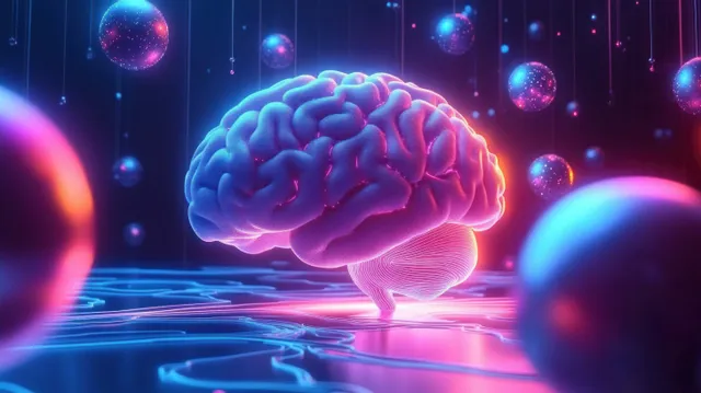 A glowing futuristic brain model is centered in a neon digital space with illuminated floating spheres and light trails.