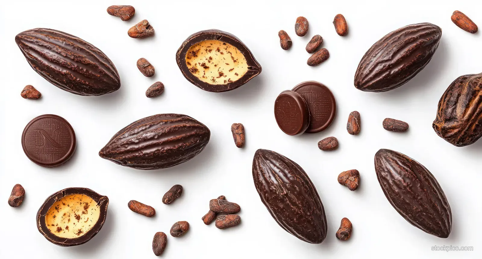 Cocoa pods, cocoa beans, and small round chocolate pieces scattered on a white background.