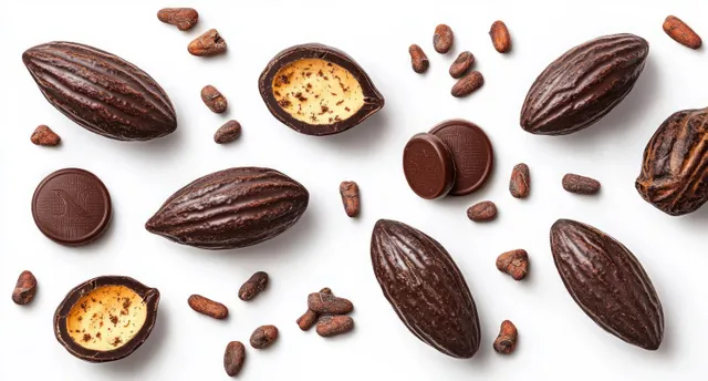 Cocoa pods, cocoa beans, and small round chocolate pieces scattered on a white background.
