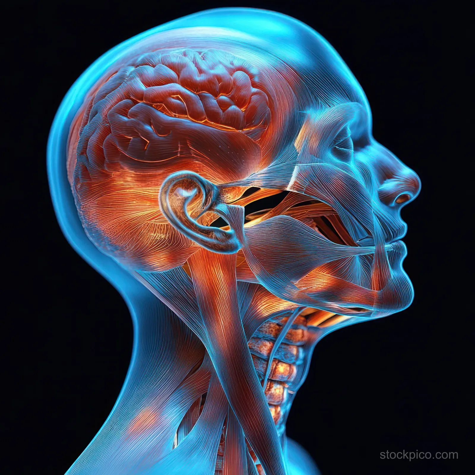 Profile view anatomical illustration of the human neck with highlighted muscles, nerves, and connective tissues.