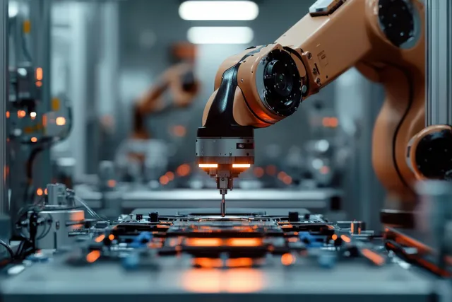 Robotic arm precisely soldering electronic components on a moving production line assembly station
